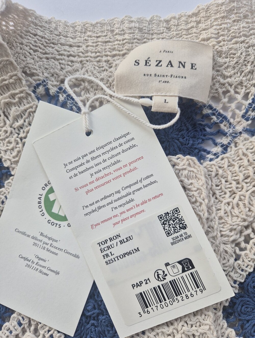 *NWT* [Sezane] Ron Top In Ecru/Blue, Size L, 100% Organic Cotton, Vest - Picture 6 of 11